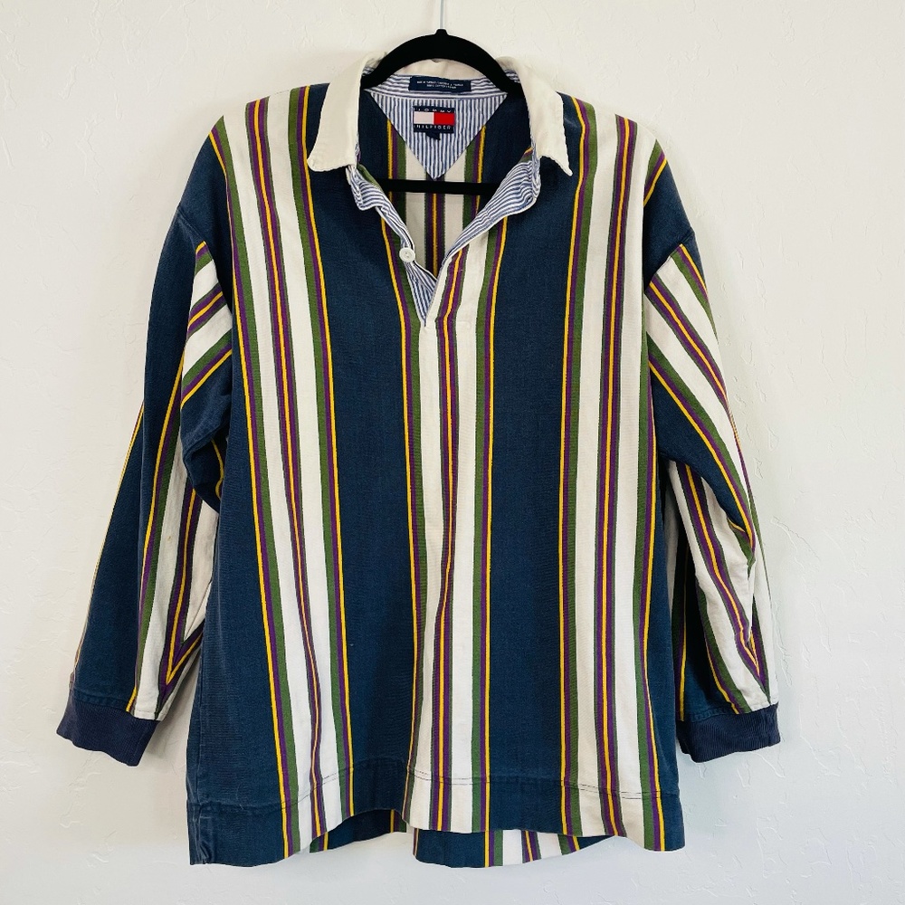 SOLD Vintage Tommy Hilfiger Navy, Off-White, Yellow, Purple, Green Striped Shirt